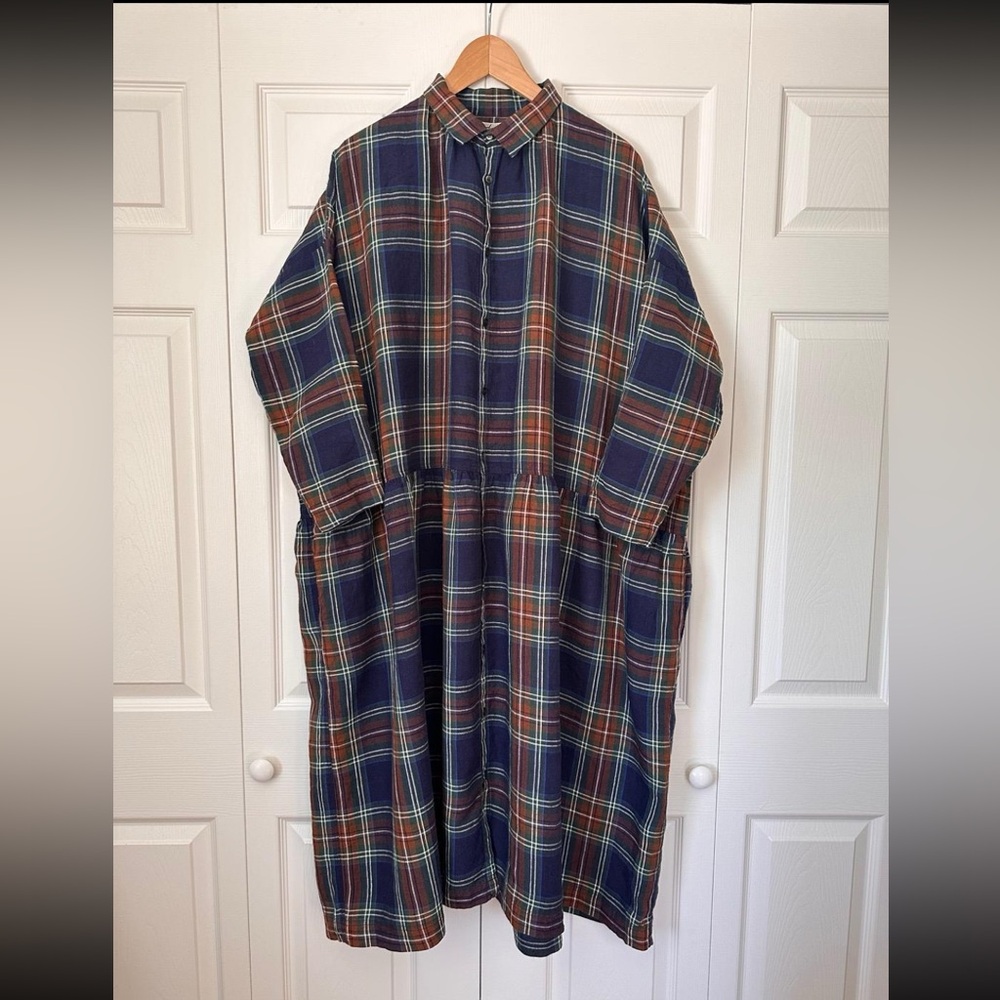 Ichi Antiquites Linen Tartan Shirt Dress